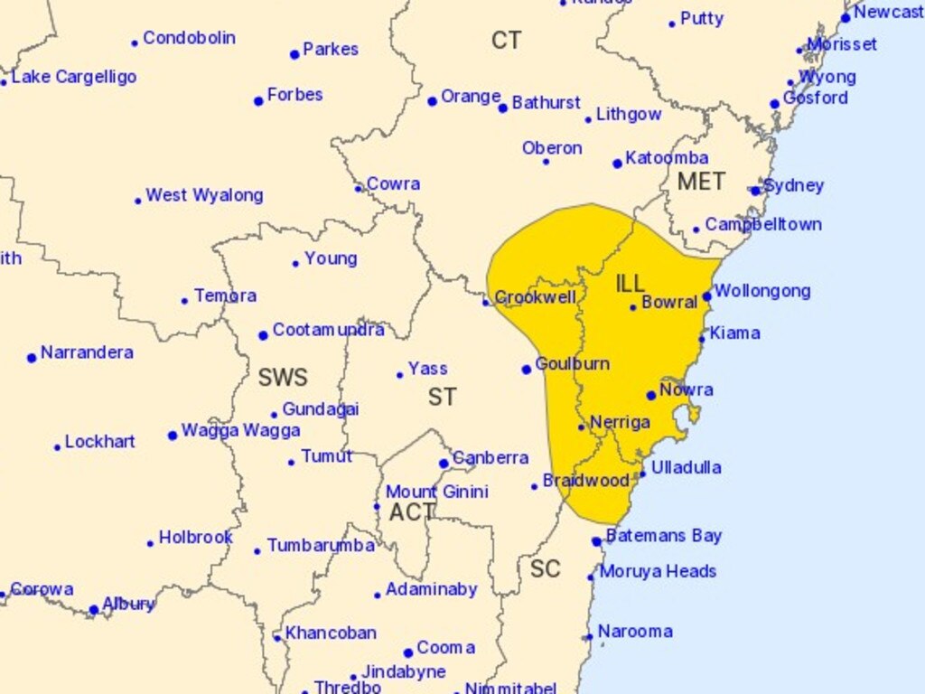 The areas likely to see the heaviest rain are in the yellow zone. Picture: BOM