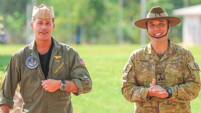 Commander of US military forces in the Indo-Pacific, Admiral John C. Aquilino, left, with the Commander of 1st Brigade, Brigadier Nick Foxal at Darwin’s Robertson Barracks. Picture: Glenn Campbell