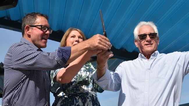 Solomon MP Luke Gosling, Local Government Minister Catherine King and Darwin Lord Mayor Kon Vatskalis officially opening the Casuarina Aquatic and Leisure Centre. Picture: Harry Brill.