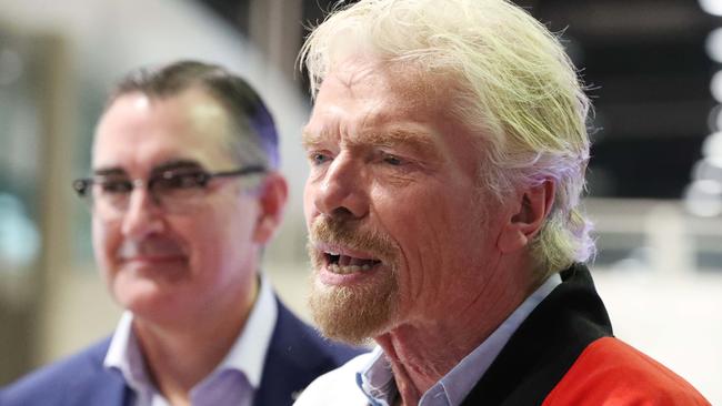 Virgin Australia CEO Paul Scurrah, with Sir Richard Branson in Brisbane. Picture: Liam Kidston.