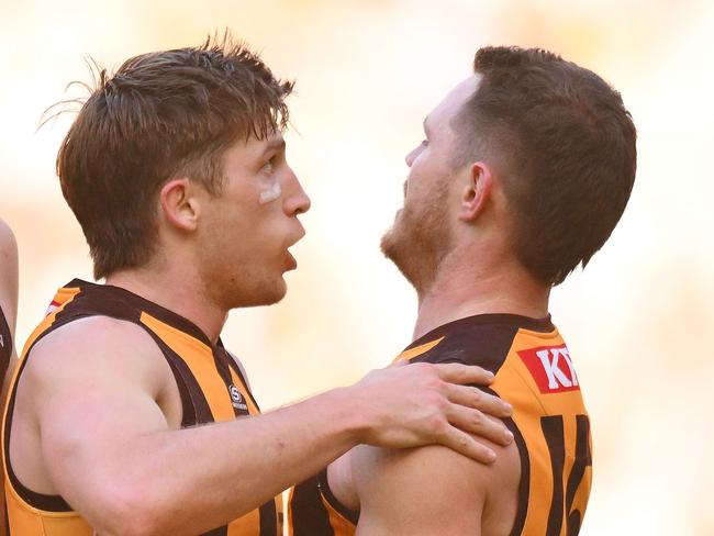 Dylan Moore and Blake Hardwick of the Hawks celebrate a goal during the round 12 AFL match. (Photo by Morgan Hancock/AFL Photos/via Getty Images)