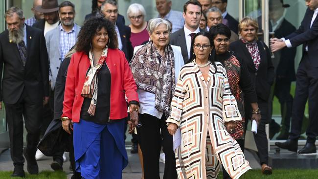 Assistant Minister for Indigenous Australians Senator Malarndirri McCarthy, Pat Anderson, Minister for Indigenous Australians Linda Burney and Marion Scrymgour arrive to address the media. Picture: Getty