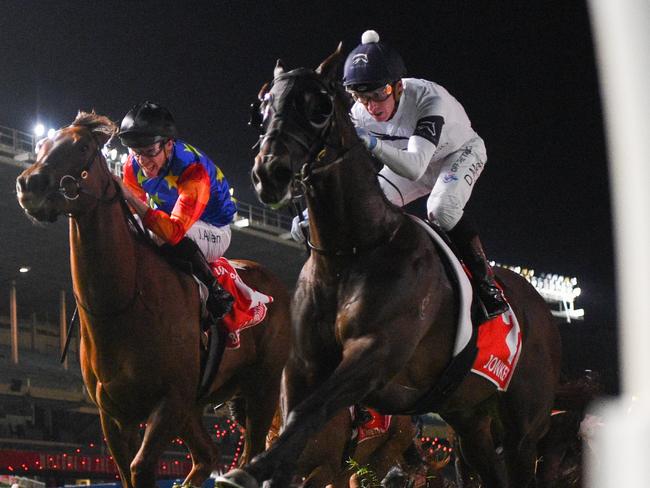 Jonker ridden by Daniel Moor wins the Ladbrokes Manikato Stakes at Moonee Valley Racecourse on October 22, 2021 in Moonee Ponds, Australia. (Pat Scala/Racing Photos via Getty Images)