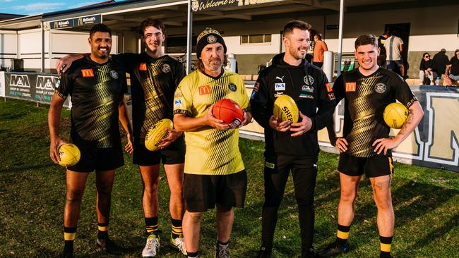 Boston Football Club, Port Lincoln. Front: Jason “Chook” Fause. Back (left to right): Sunny “The Panther” Singh, Olly Sellen, Brad “Cat” Keast, Riley “Doogz” Doolan. Picture: Robert Lang