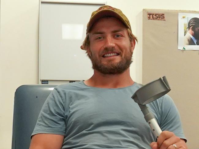 Exclusive to The Daily Telegraph Speak to Russell Jackson before use.Canterbury star Kieran Foran on the treatment table at Belmore a day after ankle surgery.Credit: Bulldogs Digital.