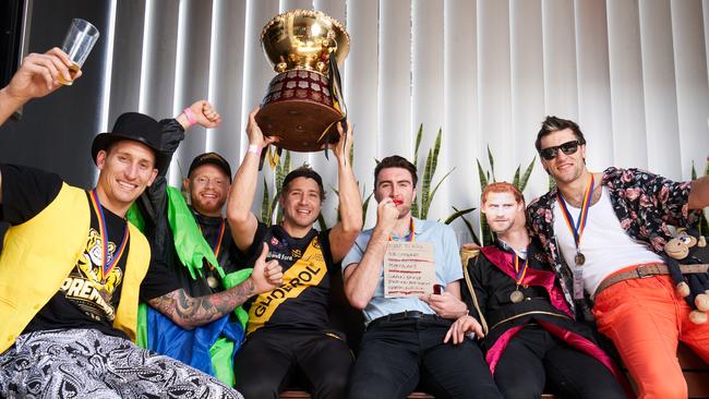 Glenelg premiership stars Jesse White, Darcy Bailey, Matthew Snook, Liam McBean, Bradley Agnew and Max Proud at The Shed in Mitchell Park on Monday after their SANFL grand final win. Picture: MATT LOXTON