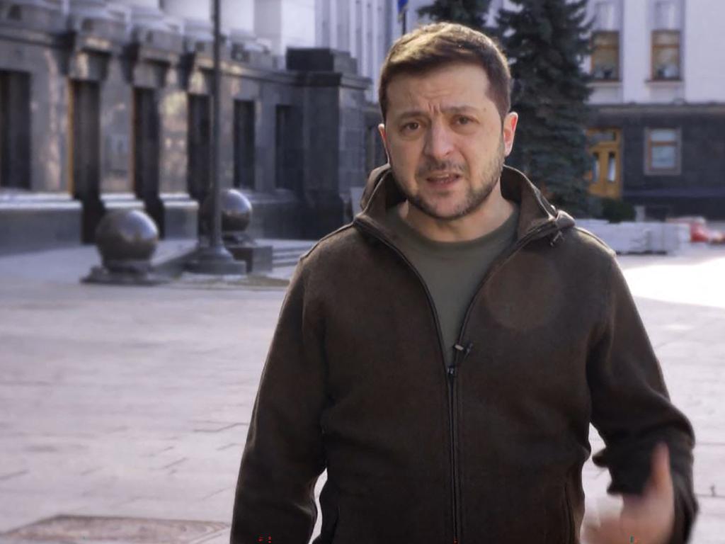 Ukrainian President Volodymyr Zelensky records a video message on the streets of Kyiv. Picture: AFP PHOTO / UKRAINIAN PRESIDENCY