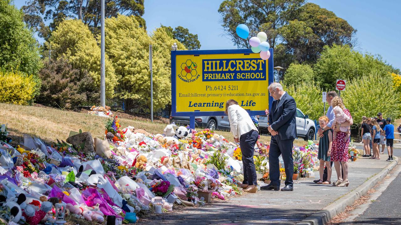 Former PM Scott Morrison and wife Jenny paid their respects to the victims at Hillcrest Primary School Devonport in Tasmania. Picture: Jason Edwards