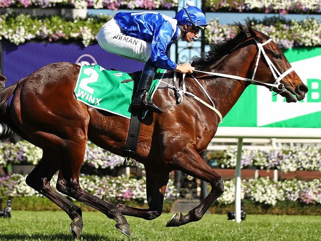 Hugh Bowman and Winx combine to win the Turnbull Stakes.