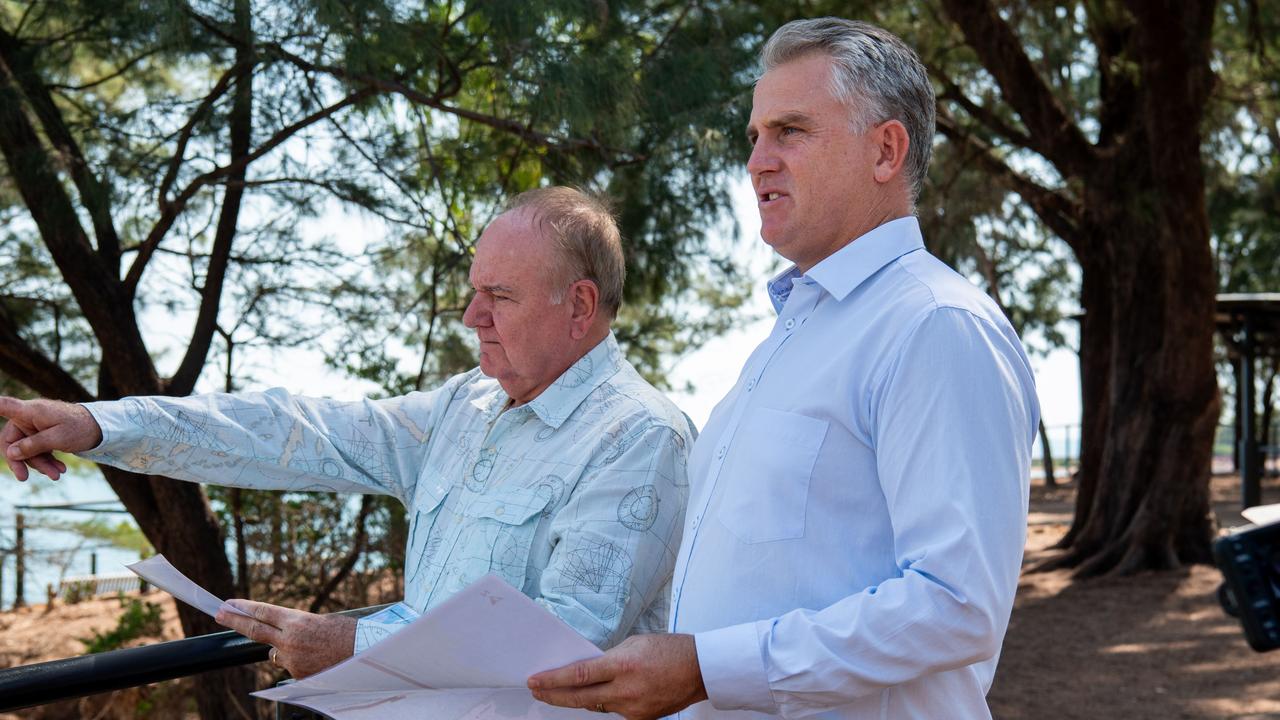 Recreational Fishing Minister Joel Bowden and AFANT Board Member Alastair Shields as public consultation opens for a new fishing jetty at East Point, Darwin. Picture: Pema Tamang Pakhrin