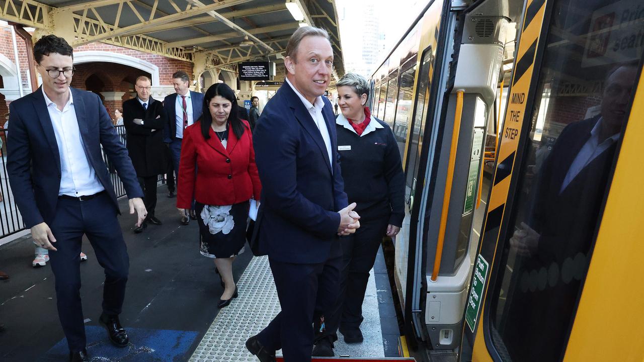 Steven Miles spruiks Labor’s 50-cent fares in the lead up to the state election. Picture: Liam Kidston