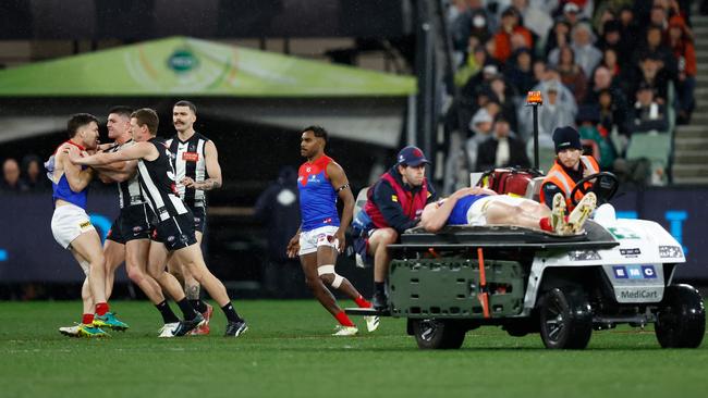 Maynard’s hit sparked a brawl at the MCG while Brayshaw lay unconscious. (Photo by Michael Willson/AFL Photos via Getty Images)