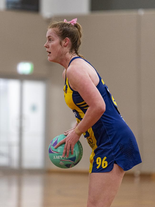 Harriet Nicholson of Bond University Bull Sharks looks for a teammate during her side’s 2024 Hart Sapphire Series Ruby division match against Darling Downs Panthers. Pictures: Kevin Farmer