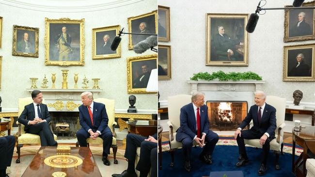 A comparison of the Oval Office under Donald Trump and Joe Biden shows the stark difference in decor. Pictures: AFP