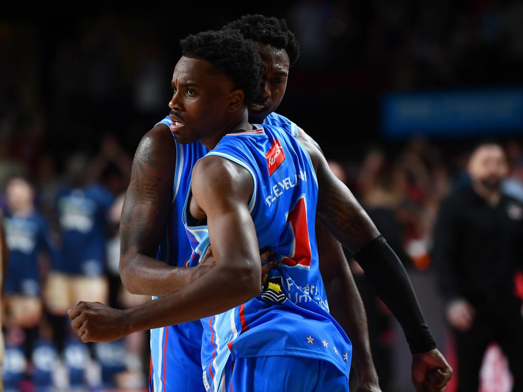 Franks and Cleveland celebrate the 36ers comeback win. Picture: Mark Brake/Getty Images