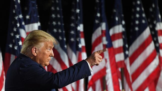 US President Donald Trump gestures at the conclusion of the the final day of the Republican National Convention from the South Lawn of the White House on August 27.