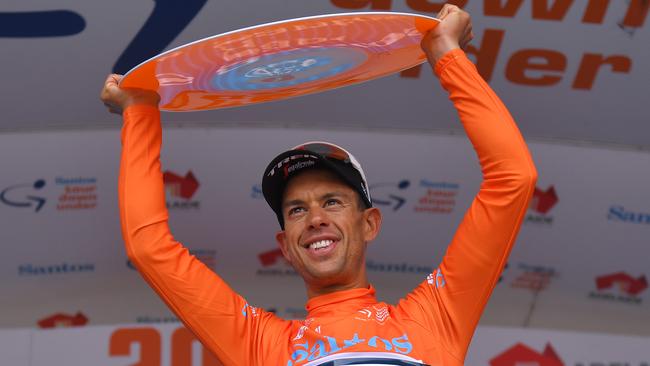 Richie Porte celebrates the 2020 Tour Down Under title. Picture: Tim de Waele (Getty).