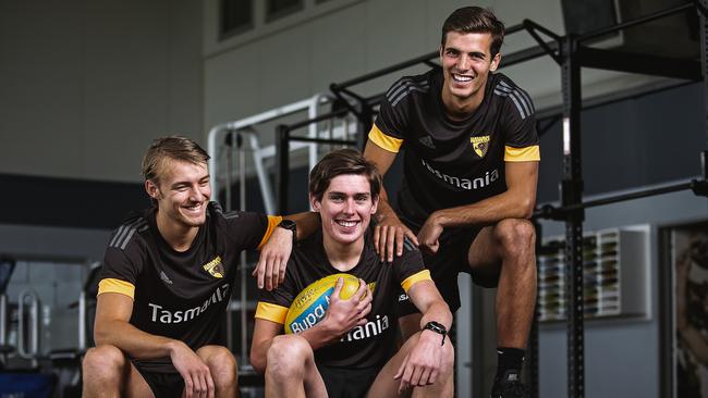 Finn Maginness (right) with fellow draftees Josh Morris and Will Day at Waverley Park. Picture: Getty Images