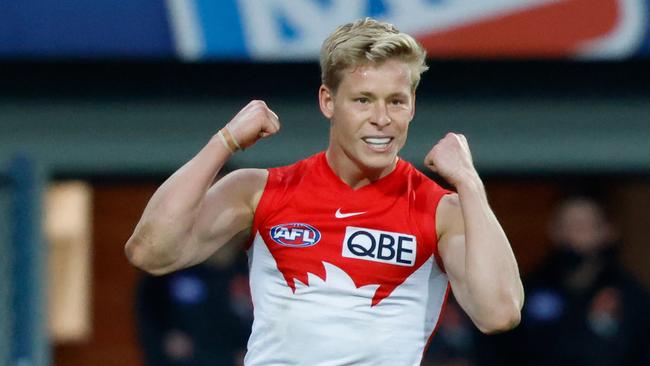 Isaac Heeney celebrates a win with the Swans. (Photo by Rob Blakers/Getty Images)