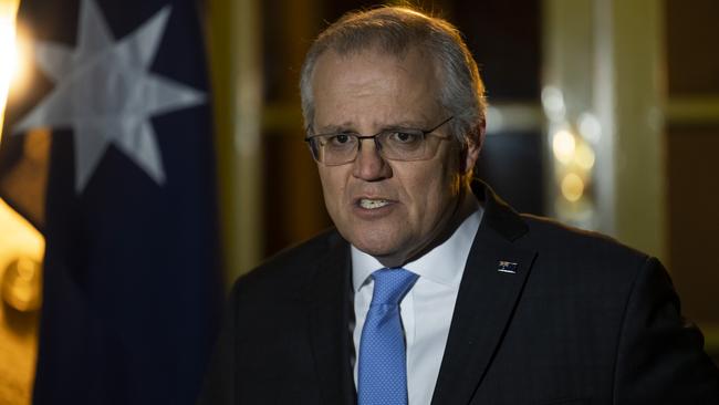Prime Minister Scott Morrison announces the vaccination targets on Friday. Picture: NCA NewsWire/Martin Ollman