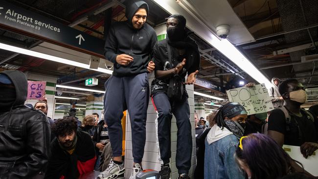 Protestors inside Central Station after a Black Lives Matter rally in Sydney on Saturday.