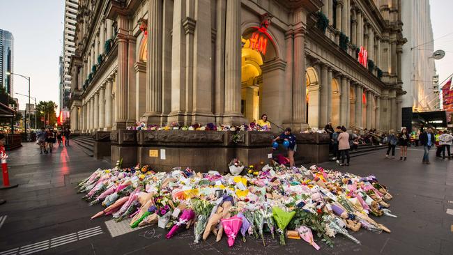 Memorials in Melbourne's CBD after accused Dimitrious Gargasoulas' alleged car rampage in January. The main memorial in Bourke Street Mall at the intersection with Elizabeth Street. Photo: Stuart Walmsley.