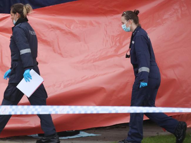 Police at the scene of a homiceide at Bentleigh East where a man has been killed and a woman seriously injured. Sunday, July 21. 2024. Picture: David Crosling