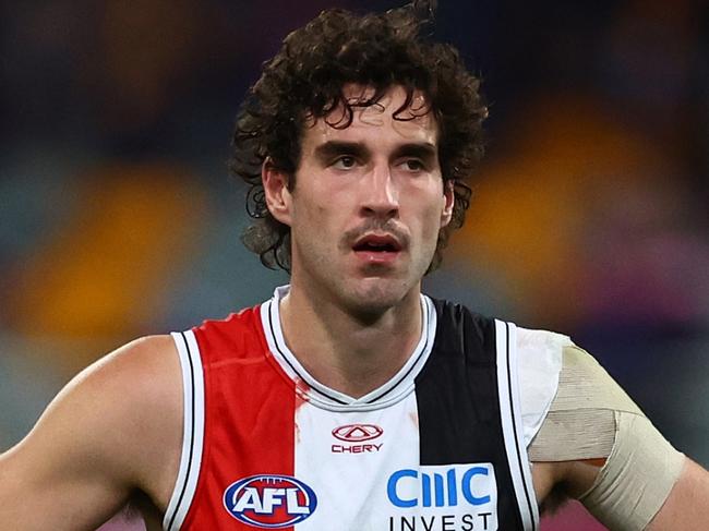 BRISBANE, AUSTRALIA - JUNE 14: Max King of the Saints looks on after the round 14 AFL match between Brisbane Lions and St Kilda Saints at The Gabba, on June 14, 2024, in Brisbane, Australia. (Photo by Chris Hyde/AFL Photos/via Getty Images)