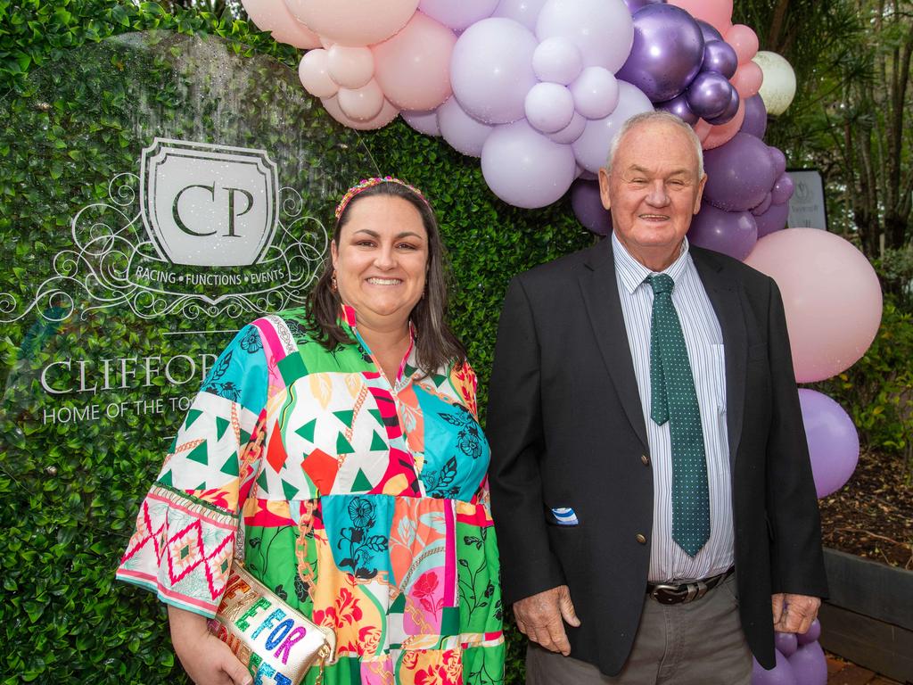 (From left) Kristen Doyle and Eric Standing. Weetwood Raceday at Toowoomba Turf Club. Saturday, September 28, 2024. Picture: Nev Madsen.