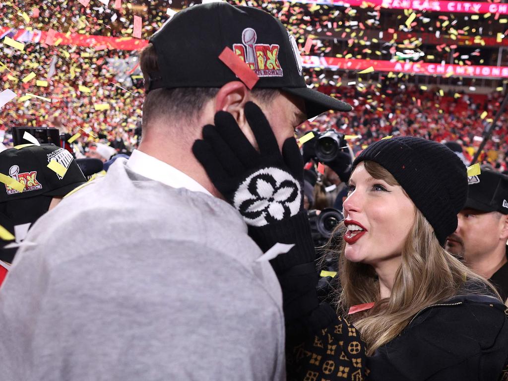 An overjoyed Taylor Swift with Travis Kelce after his win. Picture: Getty Images/AFP