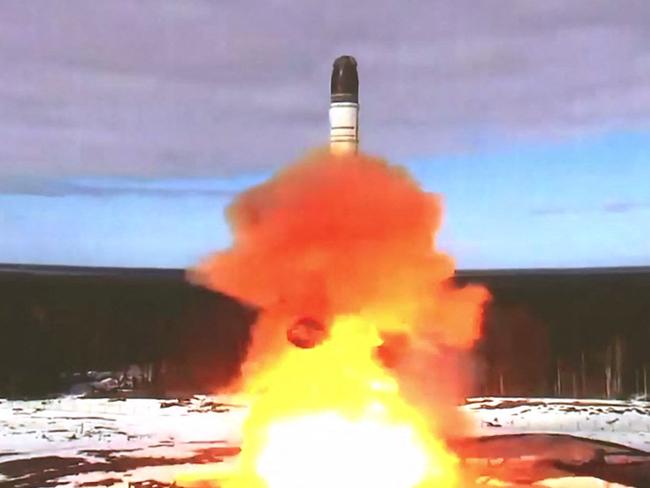 The test launching of the Sarmat intercontinental ballistic missile at Plesetsk testing field, Russia. Vladimir Putin says it will be deployed in 2023. Picture: AFP