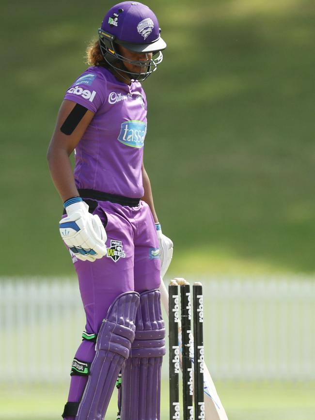 Hayley Matthews of the Hurricanes is bowled by Shabnim Ismail of the Thunder. Picture: Mark Metcalfe/Getty Images