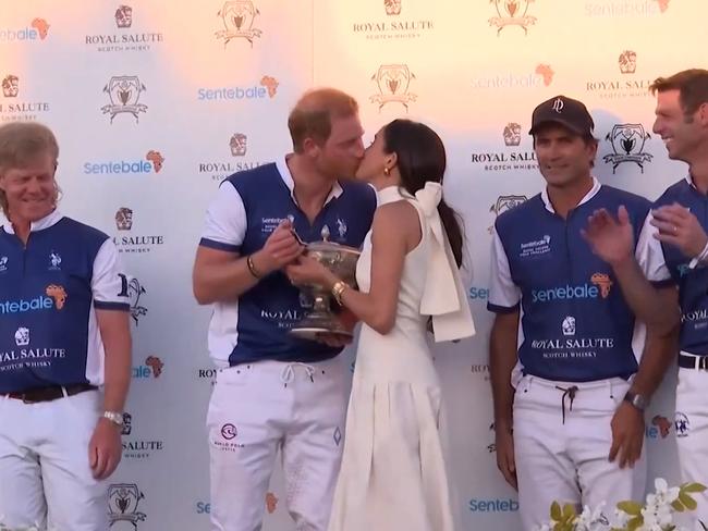 Harry and Meghan, Duke and Duchess of Sussex, put on a loved-up display while attending the Royal Salute Polo Challenge in Palm Beach, Miami. Picture: Supplied