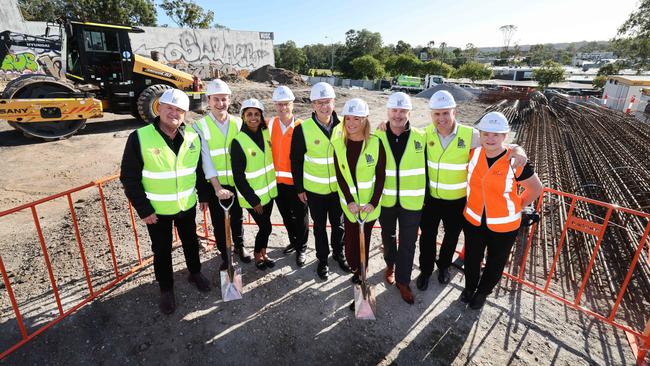 State Government and Vinnies execs and CEO Sleepout ambassadors celebrate the beginning of construction of new Nerang units at a sod turning ceremony. Picture: Glenn Hampson.