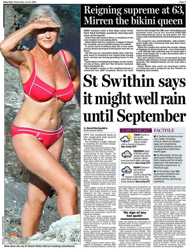 Photo of actor Helen Mirren in a bikini at age 63 in article on page from the London paper Daily Mail, 16/07/2008.