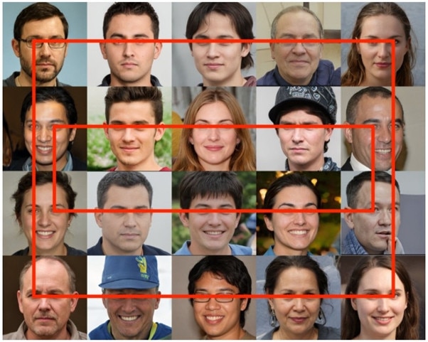 The eyes, which stay in the same position in each image, are a giveaway that a Generative Adversarial Network created these images. Picture: Benjamin Strick/Bellingcat