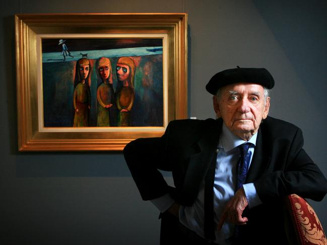 Charles Blackman in front of his painting <i>Schoolgirls</i>, (1954).