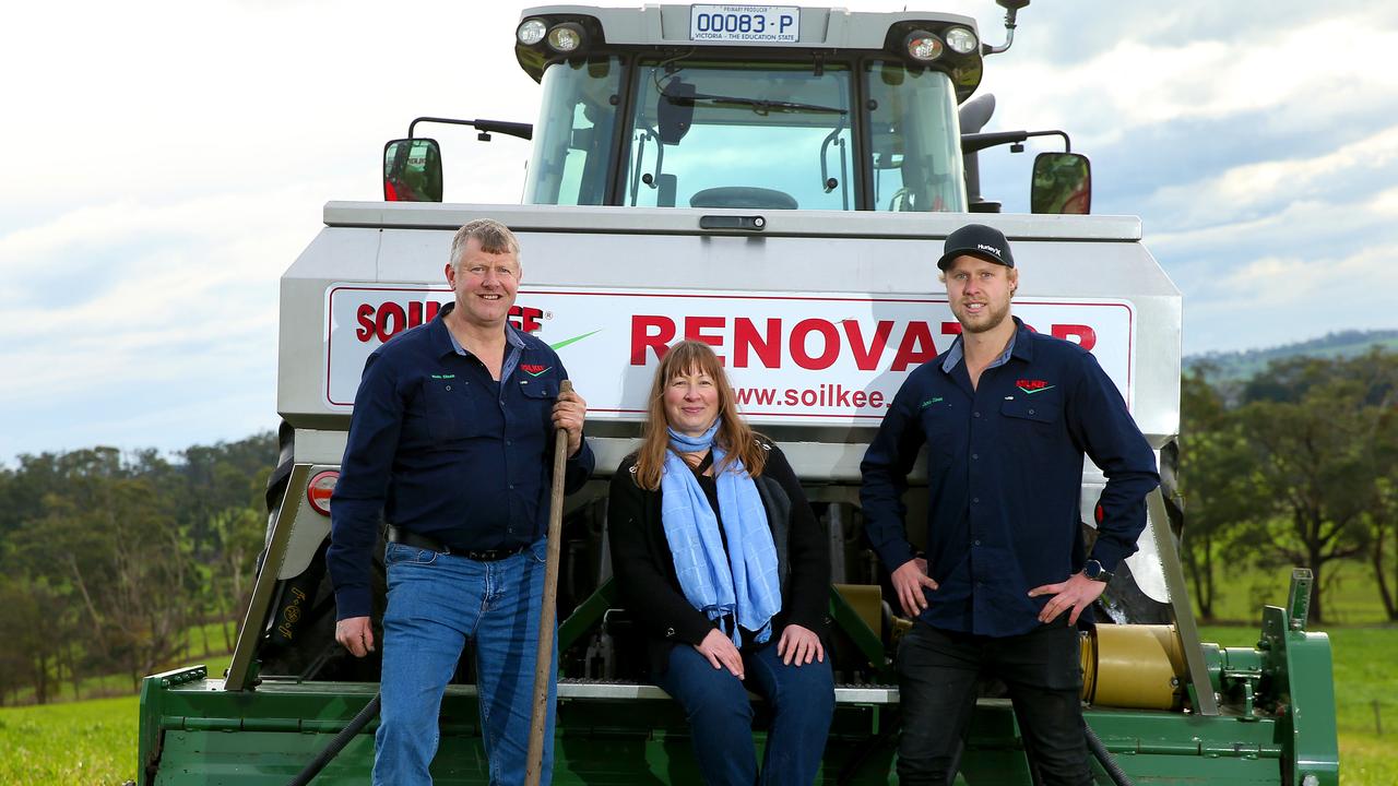 For FARM magazine: Niels Olsen and his family are the first farmers to receive carbon credits under the Emissions Reduction Fund. They sequestered carbon on their farm using their SoilKee renovator - a machine invented by Niels.Pictured are Niels and his wife, Marja, with one of their 3 sons, Jamie (Shane and Shaun not pictured)Picture: ANDY ROGERS