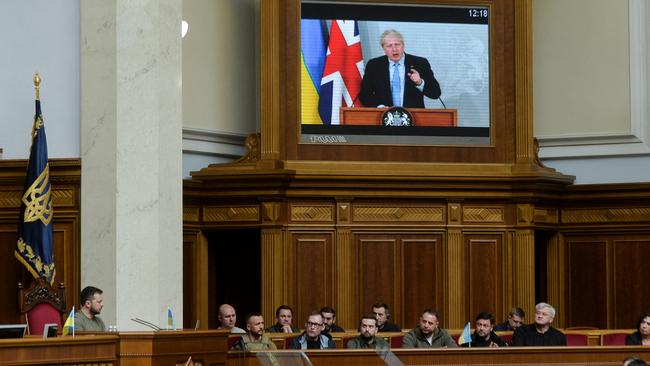 Boris Johnson’s address via videolink to Ukrainian MPs in Kyiv on Tuesday was the first by a Western leader since the Russian invasion began. Picture: Reuters