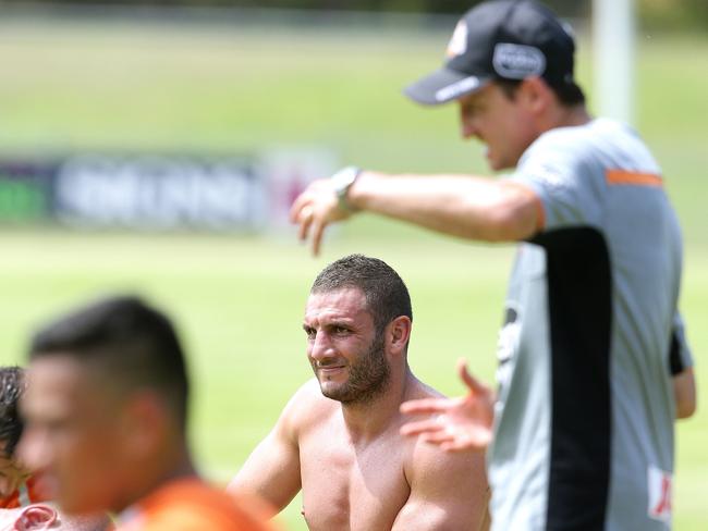 Coach Jason Taylor and Robbie Farah at a pre-season camp at Nelson Bay. Picture by Peter Lorimer.