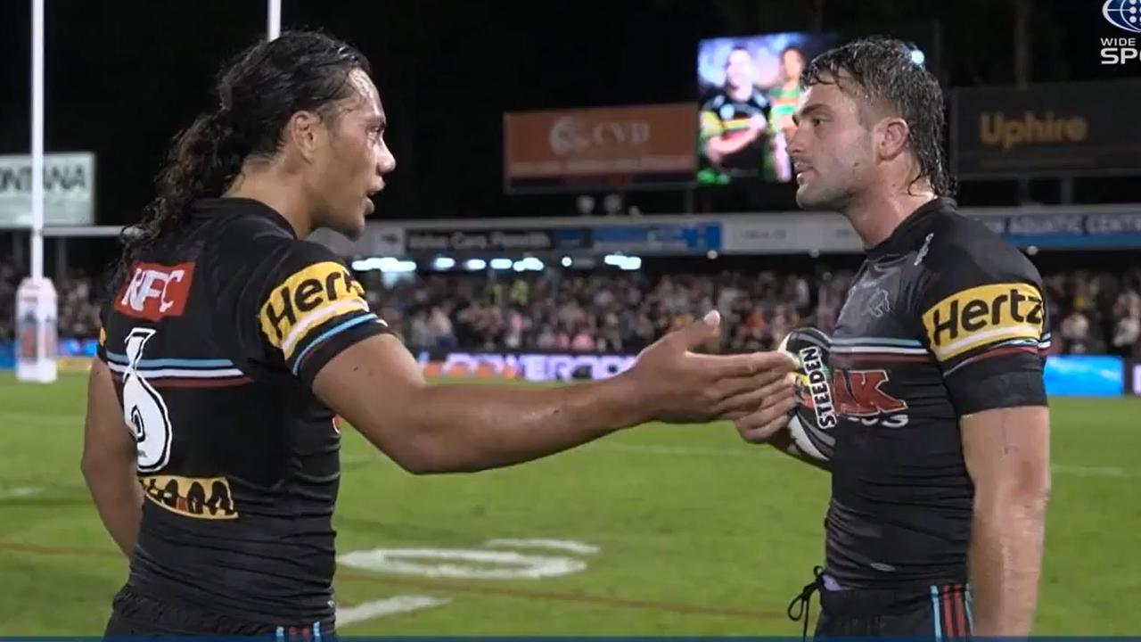 Panthers teammates Jaeman Salmon and Jarome Luai have been seen in a heated post-game argument. Picture: Channel 9