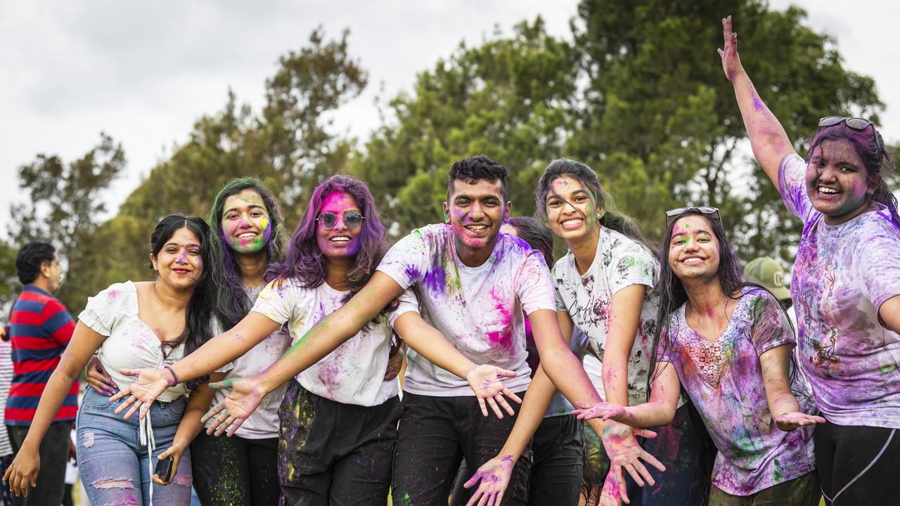 Celebrating Holi are (from left) Sanya George, Ann George, Isabel Jim, Don Thomas, Jismi Jose, Anjika KS and Rosna Roy as Toowoomba Indian and Nepalese communities unit for the festival of colours, Saturday, March 23, 2024. Picture: Kevin Farmer