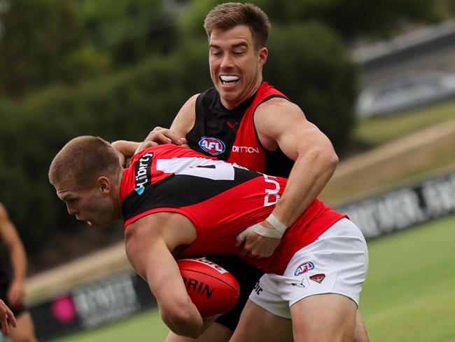 Zach Merrett tackles at Essendon training. Picture: Aiden Tilley, Essendon FC