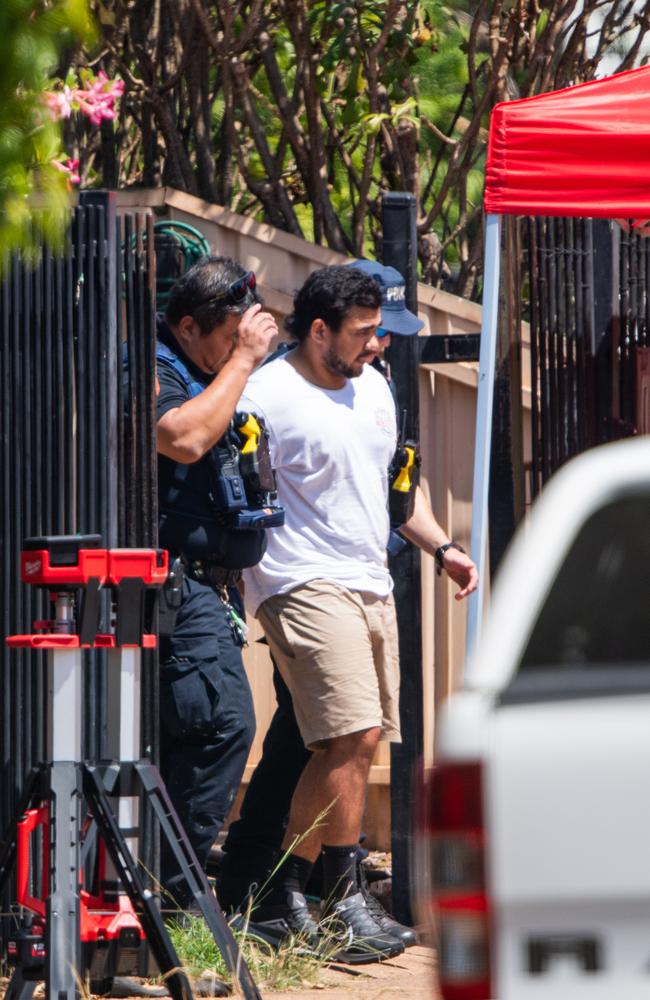 Jonathan Wesley was arrested outside mother Dianne Hewitt's Gardenia St, Nightcliff residence about 1.15pm Tuesday. It followed a 27-hour siege. Picture: Pema Tamang Pakhrin