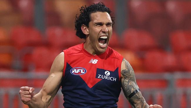 SYDNEY, AUSTRALIA - JULY 11: Harley Bennell of the Demons celebrates a goal after the final siren during the round 6 AFL match between the Melbourne Demons and the Gold Coast Suns at GIANTS Stadium on July 11, 2020 in Sydney, Australia. (Photo by Ryan Pierse/AFL Photos/via Getty Images)