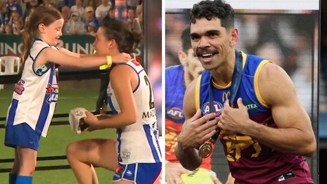 The AFLW presentation and Charlie Cameron after the men's decider. Photos: Fox Sports/Getty Images