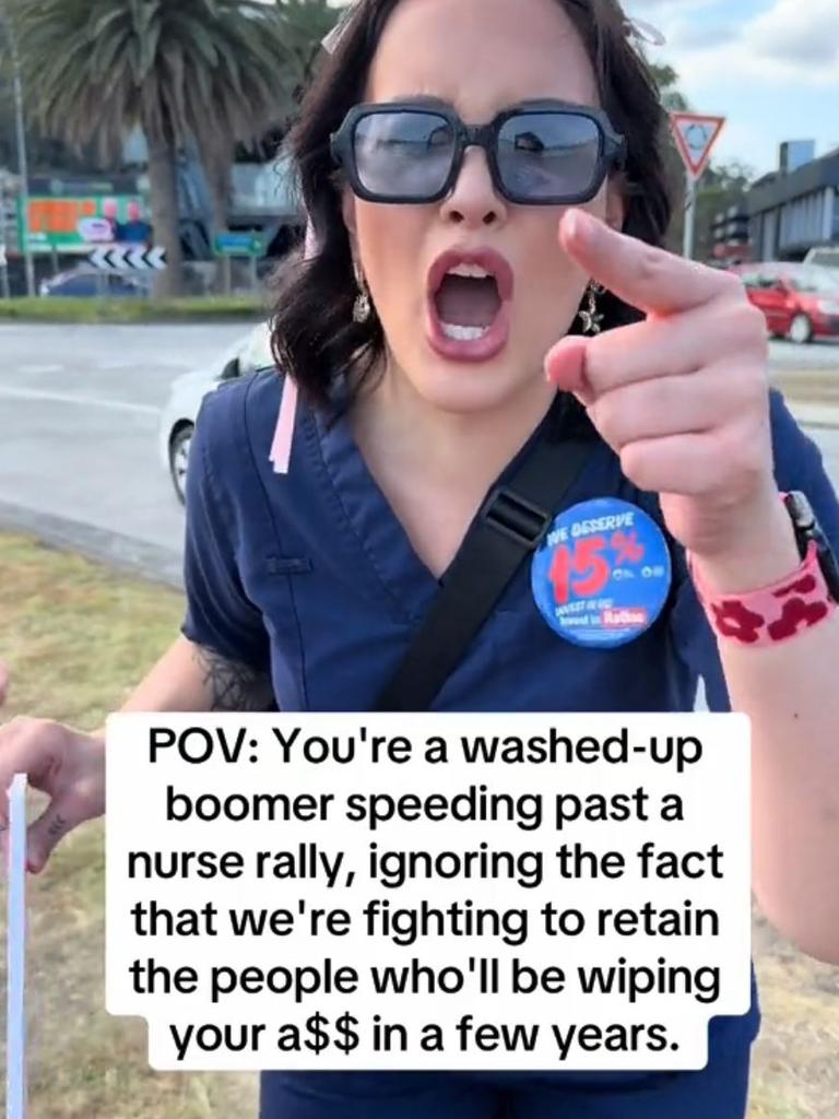 The NSW nurse claimed she was subjected to verbal abuse from passing 'boomers' while on strike. Picture: TikTok