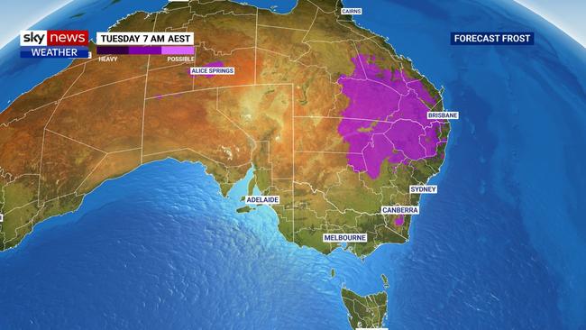 The cooler weather has caused frost (shown in purple) to settle around parts of Queensland. Picture: Sky News