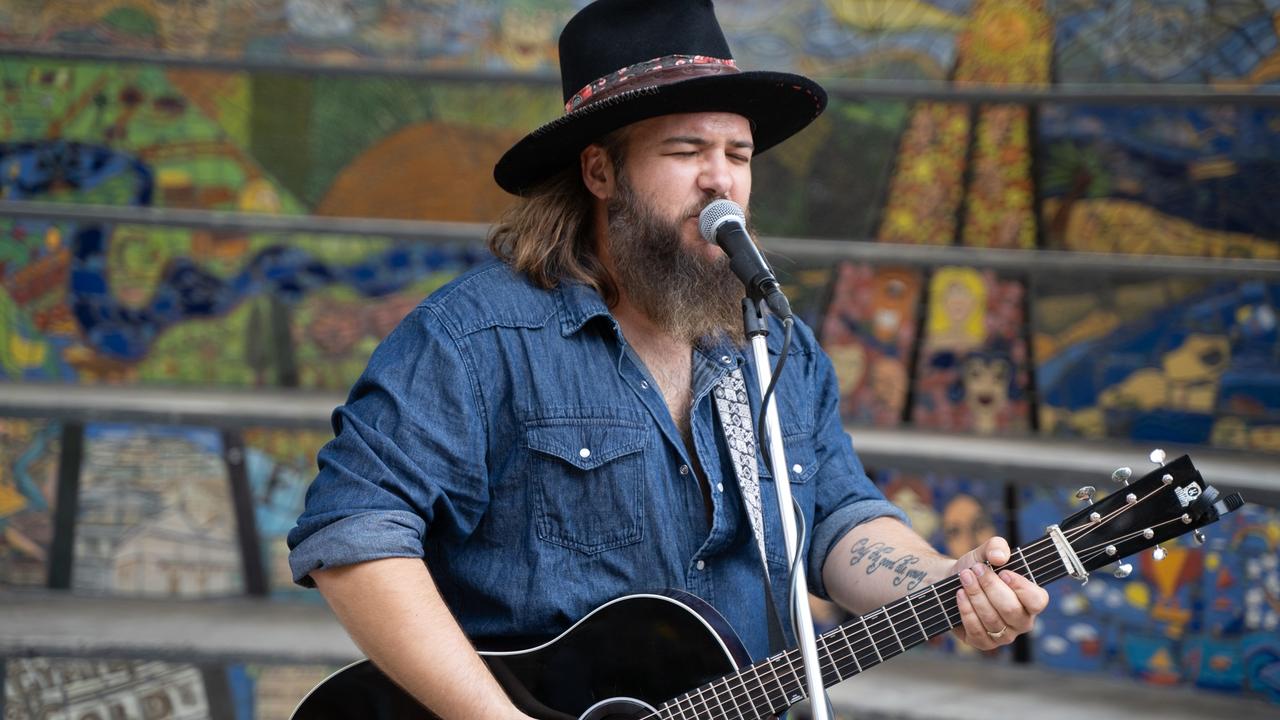 Linc Phelps plays at the main stage as part of Buskers on Mary in Gympie. August 18, 2023. Picture: Christine Schindler