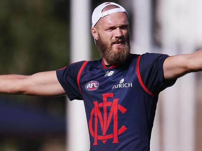 MELBOURNE, AUSTRALIA - MARCH 27: Max Gawn of the Demons gestures during a Melbourne Demons AFL training session at Gosch's Paddock on March 27, 2019 in Melbourne, Australia. (Photo by Michael Dodge/Getty Images)